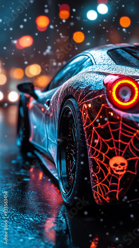 Close-up of a sports car body decorated with neon web. Generative AI art for wallpaper, phone cases