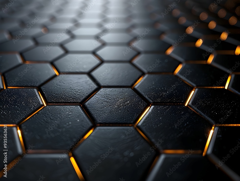 Hexagonal patterned surface with glowing edges creates a modern and sleek aesthetic in a dark environment Hexagonal patterned surface with glowing edges creates a modern and sleek aesthetic in a dark environment