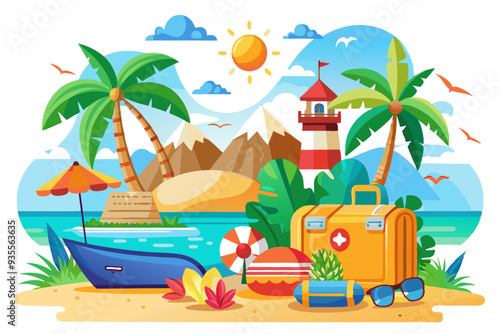 Tropical Beach Scene with Luggage, Palm Trees, and a Lighthouse