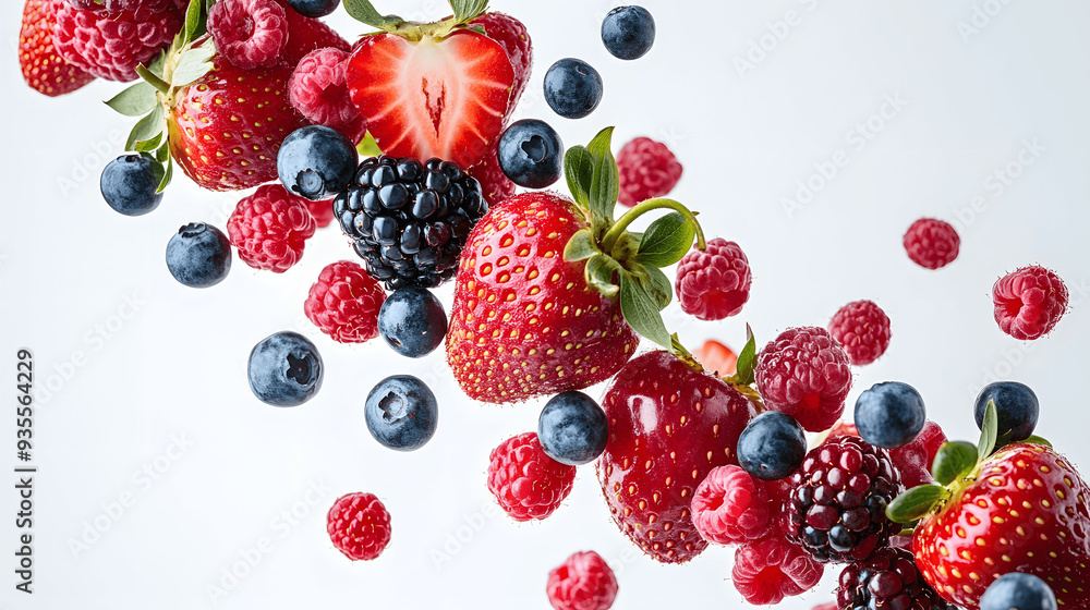 Cascade of fresh berries tumbling through the air on white background Cascade of fresh berries tumbling through the air on white background