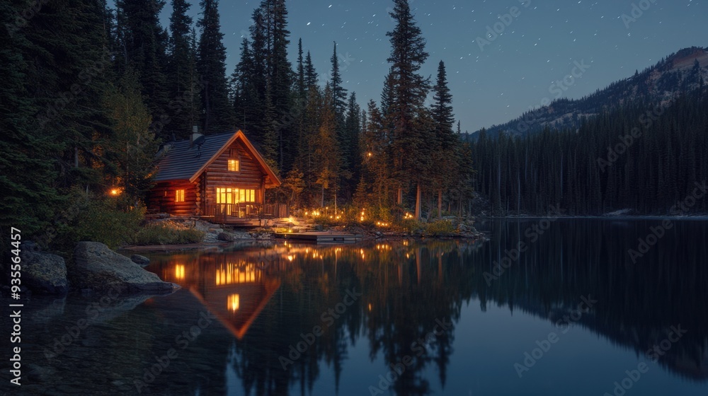 A cabin on a lake at night with lights shining in the trees, AI A cabin on a lake at night with lights shining in the trees, AI