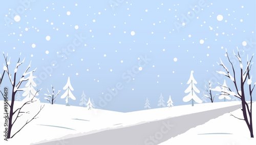 Illustration of a serene winter landscape with snow-covered trees, bare branches, and falling snowflakes