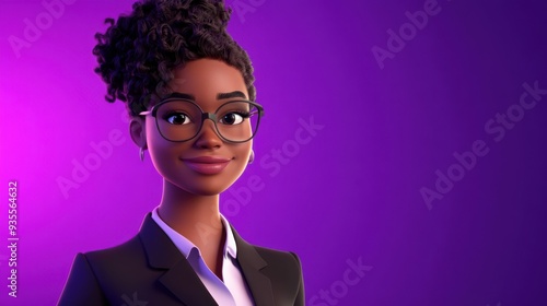 3D character close up portrait of a confident African-American female manager in formal business wear, with a royal purple gradient background, copy space, cartoon style, in the style of 3D design