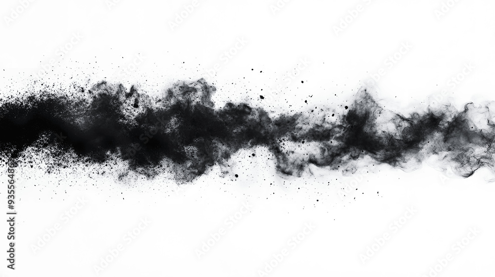 Dynamic burst of black powder creating smoke-like pattern on white background Dynamic burst of black powder creating smoke-like pattern on white background