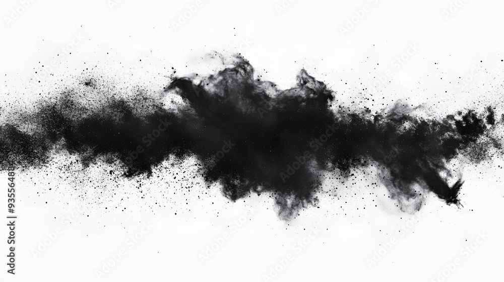 Dynamic burst of black powder creating smoke-like pattern on white background Dynamic burst of black powder creating smoke-like pattern on white background