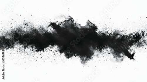 Dynamic burst of black powder creating smoke-like pattern on white background