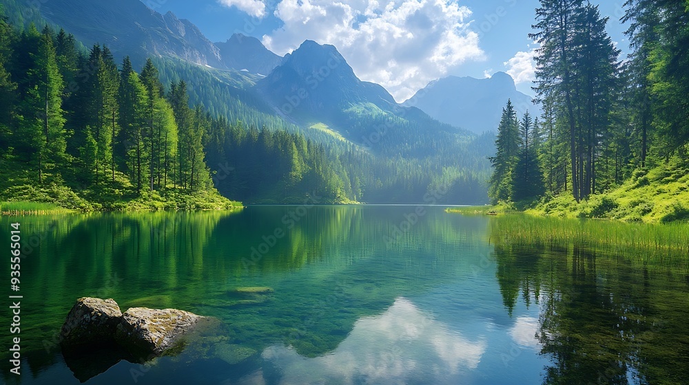 Naklejka premium Lake landscape in green forest Beautiful nature landscape among green mountains lake view and green trees in mountain forest in summer Stunning nature scenery in jungle nature travel i : Generative AI