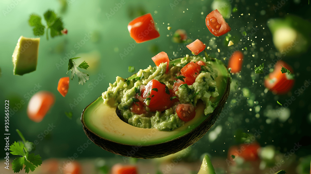 Fresh avocado half dropping into guacamole with floating tomatoes and cilantro Fresh avocado half dropping into guacamole with floating tomatoes and cilantro