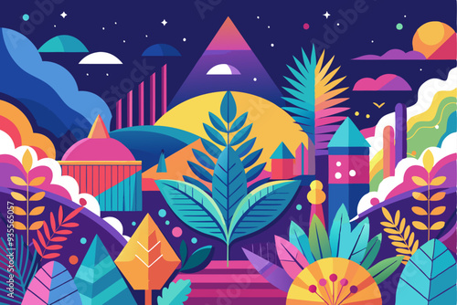 Abstract Geometric Landscape with Colorful Buildings, Plants, and Sun