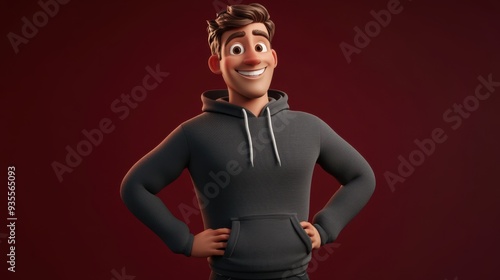 3D character close up portrait of a confident white man in a dark gray hoodie, with hands on hips and a satisfied grin, on a deep red gradient backdrop, copy space, cartoon style, 3D design