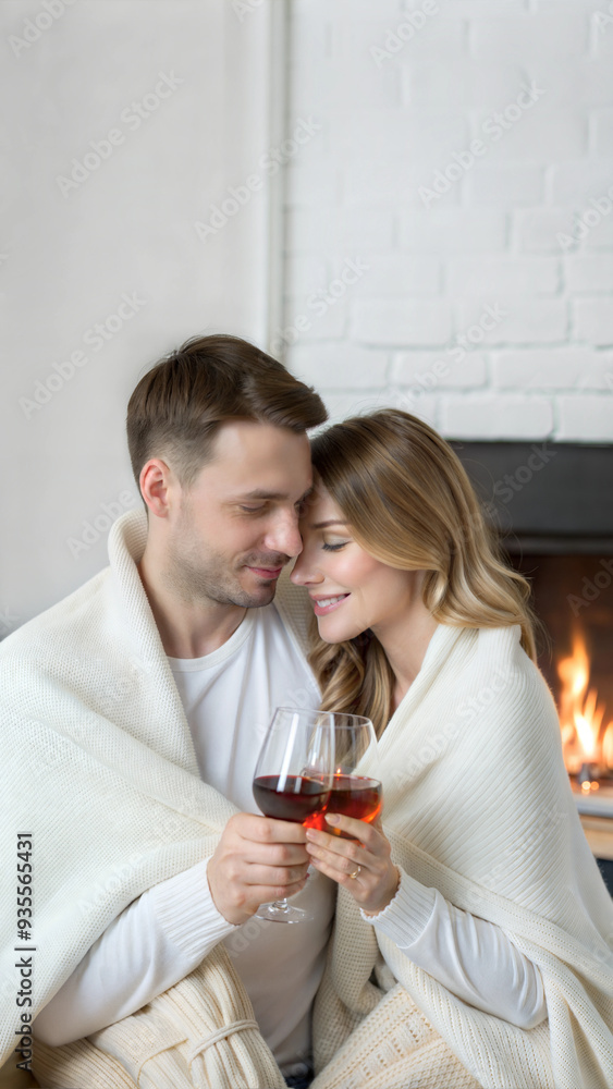 Intimate Moment Between Couple Wrapped in Blankets by Fireplace, Cozy Atmosphere with Warm Lighting and Wine Intimate Moment Between Couple Wrapped in Blankets by Fireplace, Cozy Atmosphere with Warm Lighting and Wine