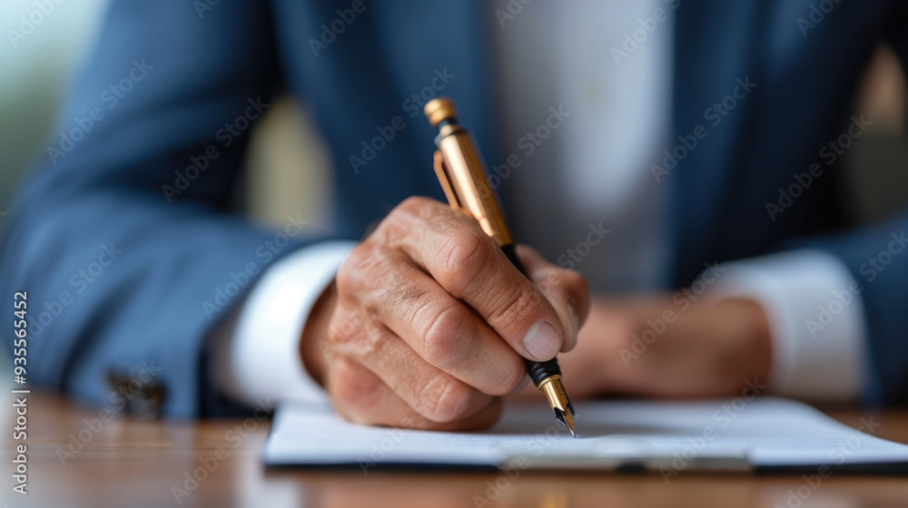 A businessman in a suit signs a document with a gold pen, focusing on the hand and pen against a blurred background. A businessman in a suit signs a document with a gold pen, focusing on the hand and pen against a blurred background.