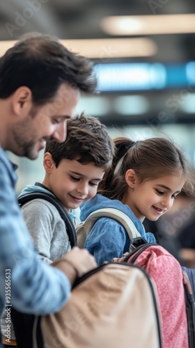 A family is enjoying quality time at the airport as parents help their children with luggage while preparing for their trip