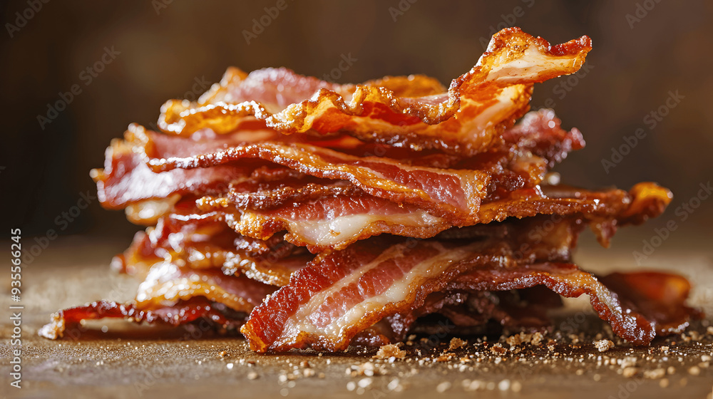 Stack of crispy bacon strips falling apart on warm brown background Stack of crispy bacon strips falling apart on warm brown background