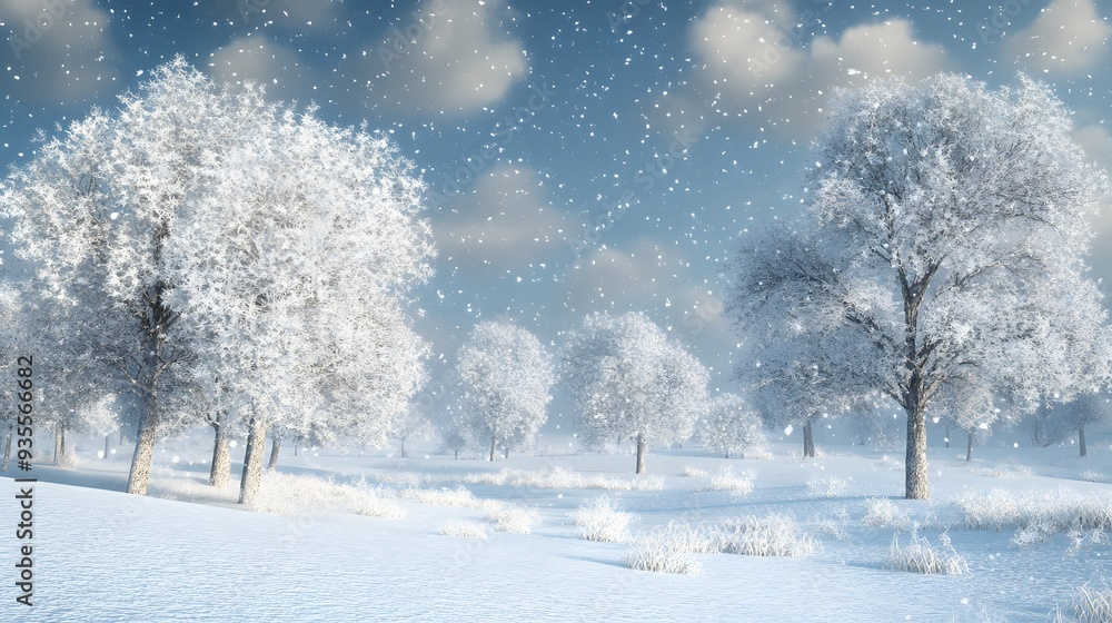 21. Stunning 3D depiction of a serene winter landscape with frosted trees and a peaceful snowfall, isolated on a pristine backdrop 21. Stunning 3D depiction of a serene winter landscape with frosted trees and a peaceful snowfall, isolated on a pristine backdrop