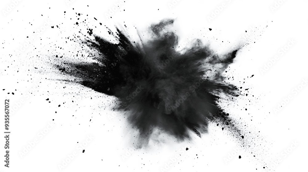 Isolated explosion of black charcoal dust on white surface Isolated explosion of black charcoal dust on white surface