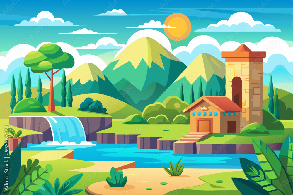 Fototapeta premium Idyllic Landscape with a Waterfall, River, Stone Tower, and House