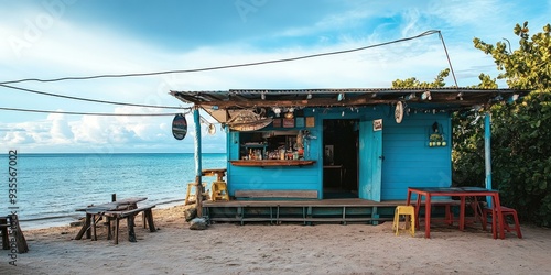 Blue beach shack with ocean view and table.