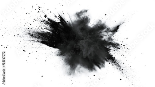 Isolated explosion of black charcoal dust on white surface