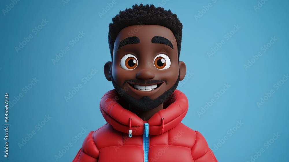 3D character close up portrait of a happy black man in a red jacket, with a warm smile and bright eyes, on a blue gradient backdrop, copy space, cartoon style, in the style of 3D design 3D character close up portrait of a happy black man in a red jacket, with a warm smile and bright eyes, on a blue gradient backdrop, copy space, cartoon style, in the style of 3D design