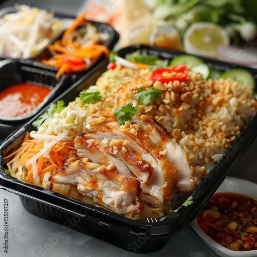 Black plastic rectangular container of Thai food isolated white background