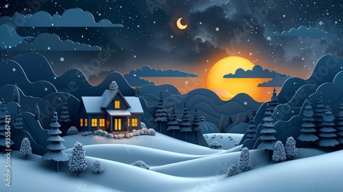 Whimsical Paper Cut Winter Scene with Snow-Covered Trees and Cozy Cabin