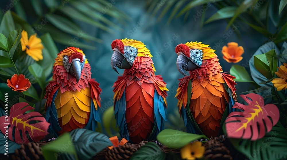 Fototapeta premium Feathered Friends of the Tropics: Three vibrant parrots, meticulously crafted from paper, perch amidst a lush jungle backdrop. 