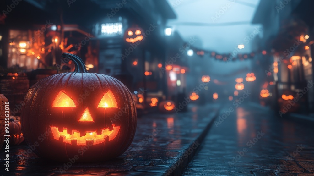 Fototapeta premium A dark, foggy street with glowing pumpkins and eerie decorations, creating a spooky Halloween night selective focus, darkness, ethereal, Blend mode, street backdrop