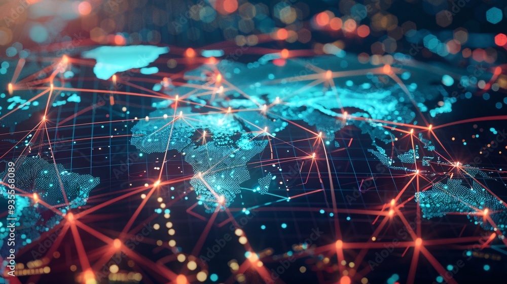 The Global Network: Abstract World Map Symbolizing International Data Transfer and Connectivity The Global Network: Abstract World Map Symbolizing International Data Transfer and Connectivity