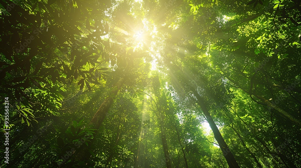 Naklejka premium Protecting Our Green Canopy: Sunlight Illuminating Vibrant Forest Below Calls for Conservation Efforts