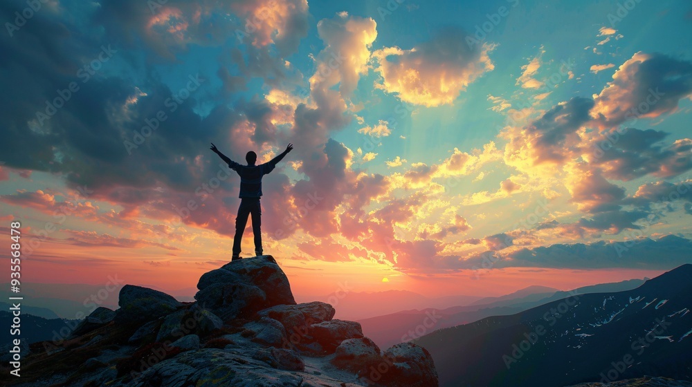 Reaching New Heights: Silhouette of a Person on Mountain Top Symbolizing Spiritual and Personal Growth Achievement Reaching New Heights: Silhouette of a Person on Mountain Top Symbolizing Spiritual and Personal Growth Achievement
