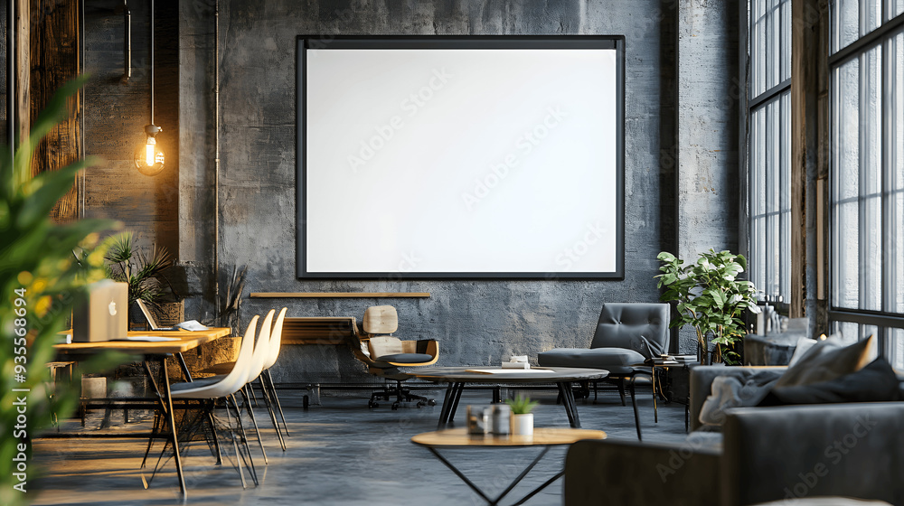 Well-lit creative workspace with blank whiteboard and stylish furniture, copy space Well-lit creative workspace with blank whiteboard and stylish furniture, copy space