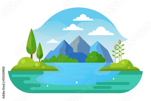 Cartoon Landscape with Mountains, Lake, and Trees