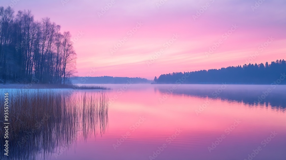 Fototapeta premium Calm lake water reflections forest trees panoramic sunrise sky Beautiful silence morning dawn in early spring late winter Soft bright pink purple colored sky panorama Beautiful nature : Generative AI
