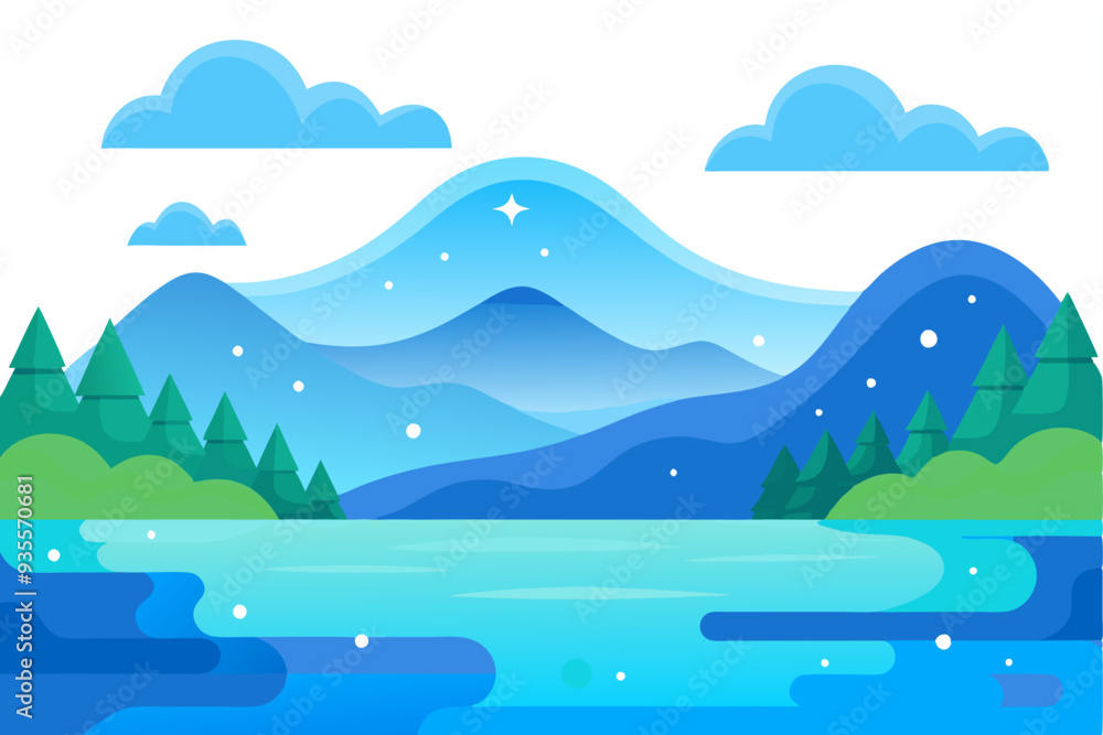 Fototapeta premium Abstract Landscape with Mountains, Trees, and Clouds