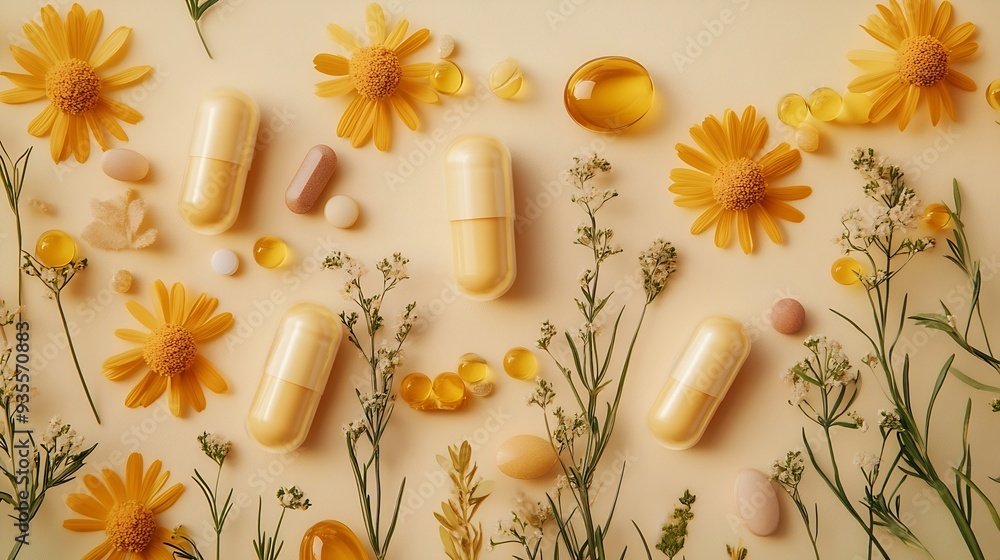 Different pills and herbs on pale orange background flat lay Dietary supplements : Generative AI Different pills and herbs on pale orange background flat lay Dietary supplements : Generative AI