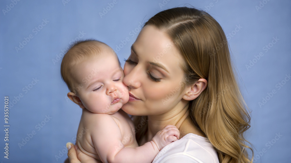 Mother Tenderly Kissing Smiling Baby on Forehead in Warmly Lit Nursery with Pastel Colors Mother Tenderly Kissing Smiling Baby on Forehead in Warmly Lit Nursery with Pastel Colors