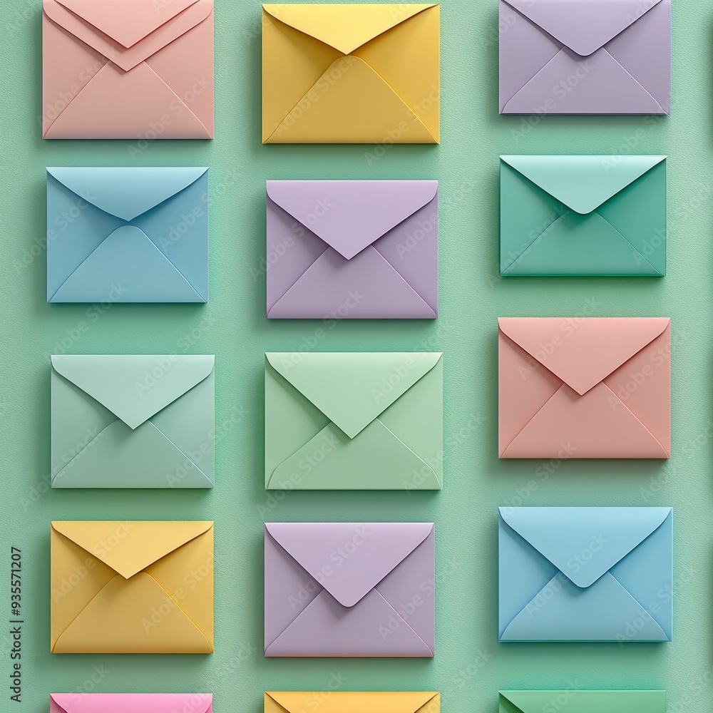 Colorful Envelopes on Green Background, 3D Rendering, Flat Lay, Minimalism, Envelope, Colorful, Background Colorful Envelopes on Green Background, 3D Rendering, Flat Lay, Minimalism, Envelope, Colorful, Background