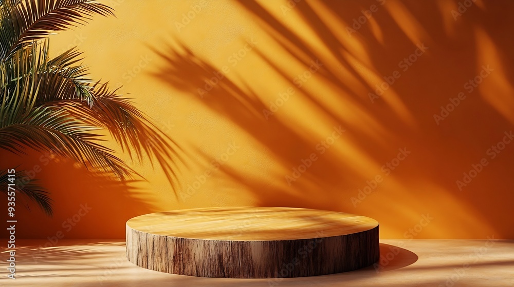Wooden cut podium on orange background with palm tree shadow Stand for the presentation of beauty products cosmetics : Generative AI Wooden cut podium on orange background with palm tree shadow Stand for the presentation of beauty products cosmetics : Generative AI