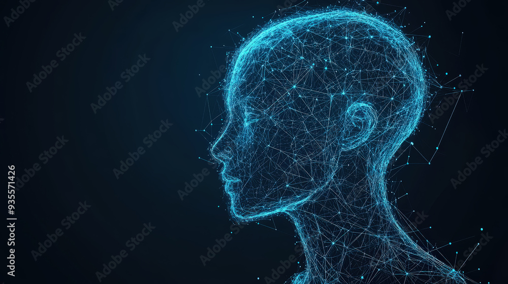 Polygonal futuristic mesh with human head model. Artificial intelligence, connection technology. Generative AI Polygonal futuristic mesh with human head model. Artificial intelligence, connection technology. Generative AI