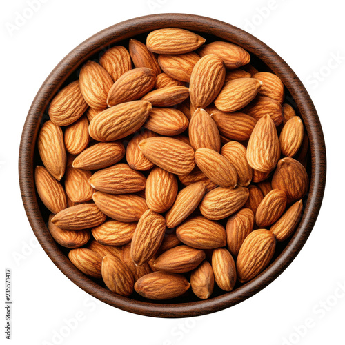 top view of a wooden bowl filled with whole almonds isolated on transparent background, clipping path, cut out, png