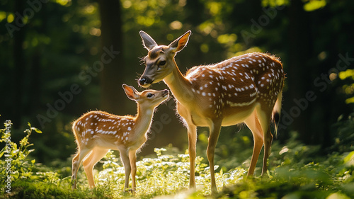 mother deer and baby deer in forest