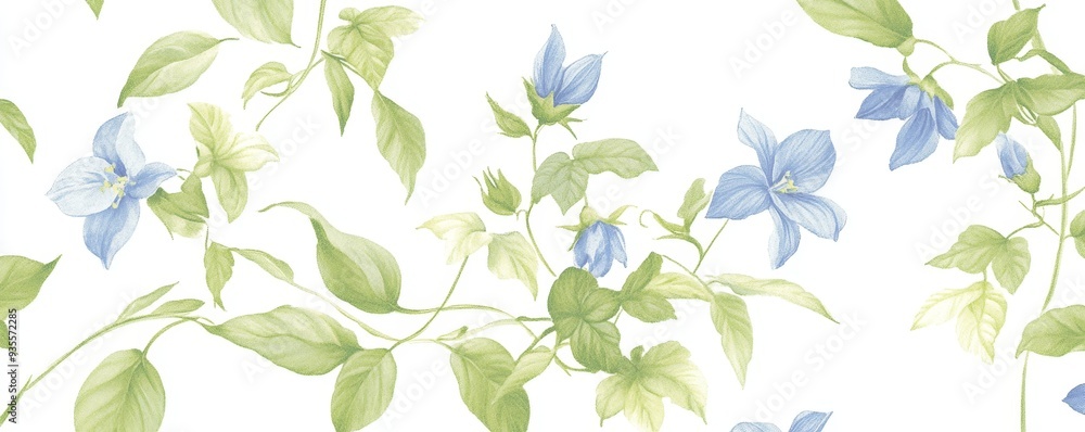 Delicate Blue Flowers and Green Leaves, Watercolor Illustration, White Background, Floral Pattern, Botanical Art, Nature, Flowers Delicate Blue Flowers and Green Leaves, Watercolor Illustration, White Background, Floral Pattern, Botanical Art, Nature, Flowers