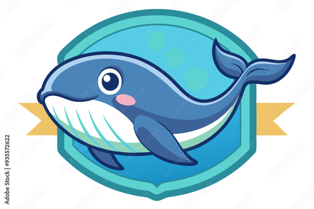 Cartoon Blue Whale with Fin in Shield with Bubbles Cartoon Blue Whale with Fin in Shield with Bubbles