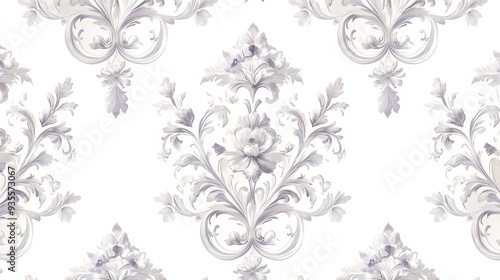 Elegant Floral Damask Pattern - Silver Foliage on White Background, damask, floral pattern, wallpaper, white background