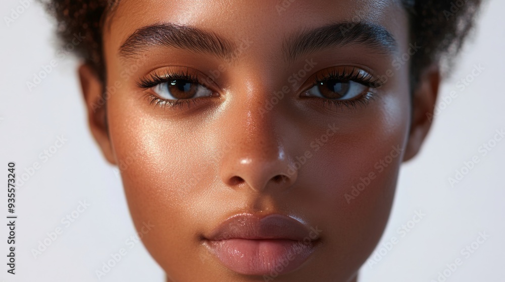 A close-up of a young woman displaying radiant skin, defined features, and a serene expression under soft lighting. A close-up of a young woman displaying radiant skin, defined features, and a serene expression under soft lighting.