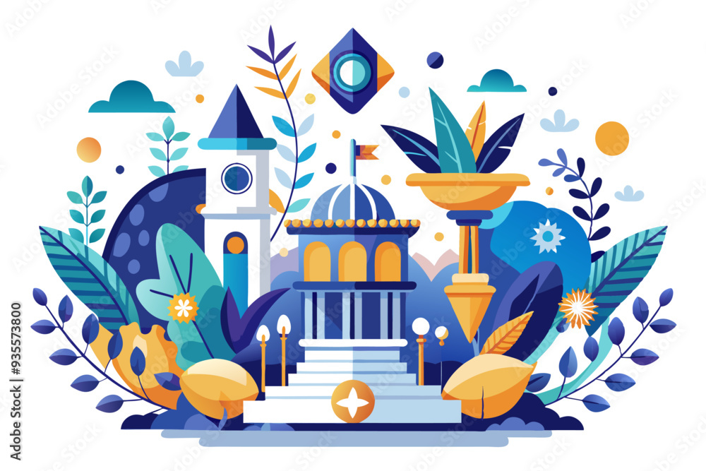 Naklejka premium A Fantasy Cityscape with Colorful Buildings and Lush Foliage