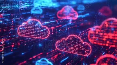 Cloud computing abstract concept with red cloud icons and data flowing on a digital background.