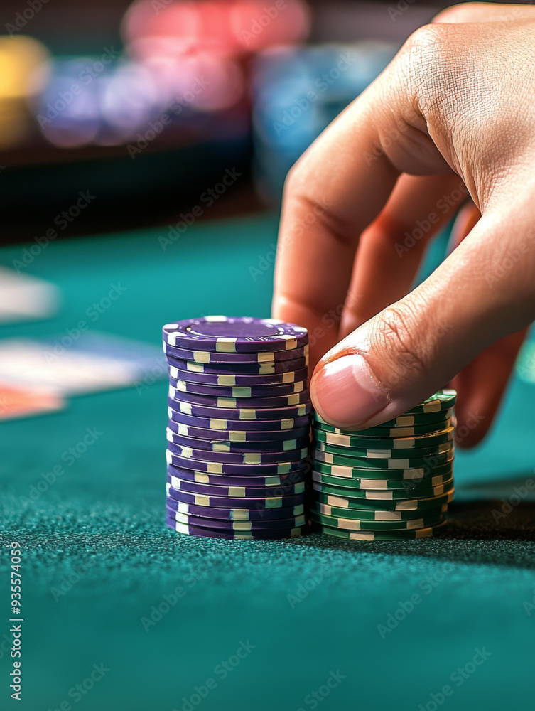 A hand is holding two stacks of poker chips, one of which is purple A hand is holding two stacks of poker chips, one of which is purple