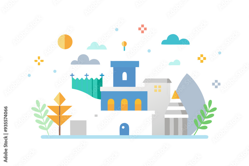 Fototapeta premium Stylized Illustration of a Town with Buildings, Trees, and a Mountain